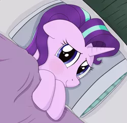 Size: 1881x1824 | Tagged: safe, artist:noosa, derpibooru import, starlight glimmer, pony, unicorn, bed, blanket, blushing, cute, female, floppy ears, glim, glim glam, glimmerbetes, glimmy, looking at you, mare, pillow, puppy dog eyes, sad, sadlight glimmer, sadorable, sleeping, smiling, smiling at you, solo, sweet dreams fuel, tucking in