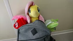 Size: 5984x3366 | Tagged: safe, artist:bastler, artist:moon flower, derpibooru import, fluttershy, oc, oc:downvote, oc:upvote, ponified, earth pony, pegasus, pony, unicorn, derpibooru, 4de, absurd resolution, backpack, bag, derpibooru ponified, derpyfest, derpyfest 2018, female, hairclip, irl, looking at you, mare, meta, peeking, photo, plushie, sisters, smiling, trio, trio female