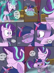 Size: 900x1214 | Tagged: semi-grimdark, artist:emositecc, derpibooru import, starlight glimmer, twilight sparkle, twilight sparkle (alicorn), alicorn, pony, unicorn, comic:empty halls, bedroom, comforting, comic, crying, dark magic, dialogue, duo, female, floppy ears, hug, magic, mare, teleportation, this will not end well