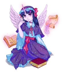 Size: 1024x1178 | Tagged: safe, artist:catofrage, deleted from derpibooru, derpibooru import, twilight sparkle, twilight sparkle (alicorn), alicorn, equestria girls, book, glasses, headdress, horn, looking at you, magic, pentagram, quill, scroll, simple background, solo, telekinesis, transparent background, wings