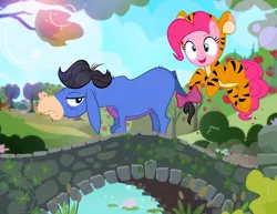 Size: 1000x773 | Tagged: safe, artist:pixelkitties, derpibooru import, cranky doodle donkey, pinkie pie, donkey, alternate universe, apple tree, bridge, clothes, costume, crossover, disney, eeyore, river, tigger, tree, winnie the pooh