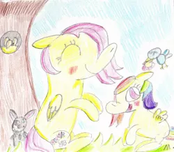 Size: 1553x1355 | Tagged: artist:ptitemouette, derpibooru import, female, fluttershy, magical lesbian spawn, mother and daughter, next generation, oc, oc:rainbow peace, offspring, parent:fluttershy, parent:rainbow dash, parents:flutterdash, safe