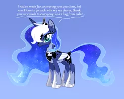 Size: 1500x1200 | Tagged: safe, artist:sugaryicecreammlp, derpibooru import, princess luna, alicorn, pony, ask nebula luna, alternate design, ask, blue background, dialogue, digital art, female, gradient background, mare, simple background, solo