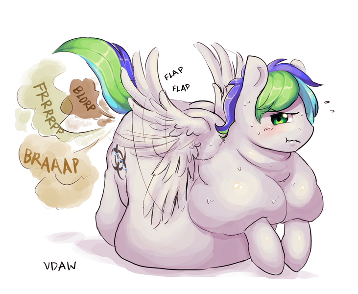 Size: 1479x1214 | Tagged: questionable, artist:verydefinitelyawolf, derpibooru import, oc, oc:arc hazard, unofficial characters only, pegasus, pony, belly, belly bed, bhm, big belly, bingo wings, blushing, fart, fart fetish, fart noise, fat, fetish, flapping, immobile, impossibly large belly, male, morbidly obese, neck roll, obese, onomatopoeia, solo, sound effects, sweat, trying to fly