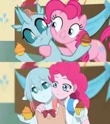 Size: 1984x2232 | Tagged: safe, artist:fantasygerard2000, derpibooru import, edit, edited screencap, screencap, ocellus, pinkie pie, changedling, changeling, equestria girls, marks for effort, cheek squish, clothes, comparison, cupcake, dessert, draw this again, equestria girls interpretation, equestria girls-ified, food, scene interpretation, squishy cheeks, sweater vest