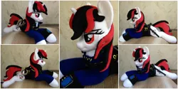 Size: 2000x1000 | Tagged: safe, artist:burgunzik, derpibooru import, oc, oc:blackjack, pony, unicorn, fallout equestria, fanfic, clothes, cuffs, female, hooves, horn, irl, lying down, mare, photo, pipbuck, plushie, police baton, prone, solo, vault suit