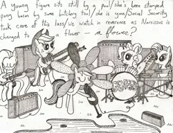 Size: 3229x2480 | Tagged: amplifier, applejack, artist:horselover fat, bass guitar, derpibooru import, double neck bass, drums, fluttershy, genesis, grayscale, guitar, keyboard, korg, mellotron, microphone, mike rutherford, monochrome, musical instrument, peter gabriel, phil collins, pinkie pie, rainbow dash, rarity, safe, steve hackett, synthesizer, tony banks