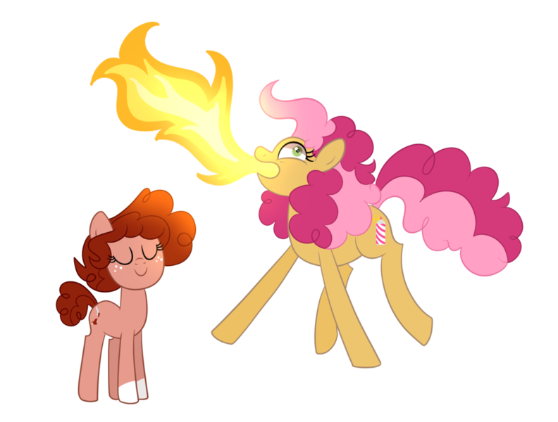 Size: 1024x776 | Tagged: safe, artist:ashidaii, derpibooru import, oc, oc:paprika, oc:silly string, unofficial characters only, earth pony, pony, female, fire, fire breath, mare, offspring, parent:cheese sandwich, parent:pinkie pie, parents:cheesepie, simple background, transparent background