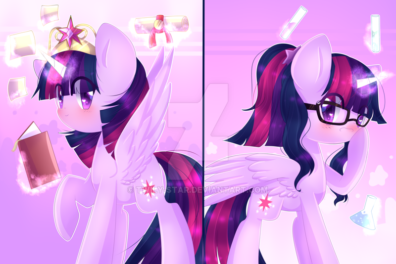 Size: 1024x683 | Tagged: safe, artist:twily-star, derpibooru import, sci-twi, twilight sparkle, twilight sparkle (alicorn), ponified, alicorn, pony, big crown thingy, book, equestria girls ponified, glasses, heart eyes, jewelry, ponytail, regalia, scitwilicorn, scroll, test tube, twolight, wingding eyes