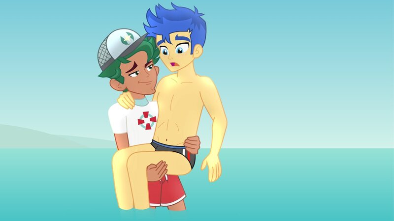 Size: 1600x900 | Tagged: suggestive, artist:supermaxx92, derpibooru import, flash sentry, timber spruce, human, equestria girls, equestria girls series, beach, carrying, clothes, gay, humanized, lifeguard, lifeguard timber, lifting, male, partial nudity, shipping, speedo, swimsuit, timberflash, topless