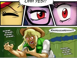 Size: 2560x1920 | Tagged: angry, applejack, artist:advanceddefense, artist:atariboy2600, artist:bluecarnationstudios, canterlot high, clothes, comic:the amazonian effect, comic:the amazonian effect ii, comparison, cowboy hat, derpibooru import, eyes closed, freckles, growth, hat, lockers, open mouth, red eyes, safe, sci-twi, stetson, sunset shimmer, twilight sparkle, twolight