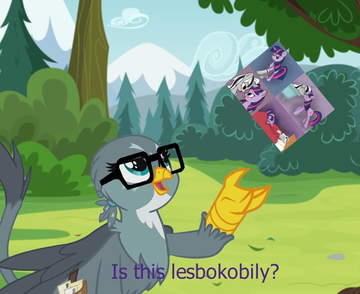 Size: 1200x978 | Tagged: safe, artist:sharpy, derpibooru import, gabby, twilight sparkle, oc, oc:badluck dice, gryphon, canon x oc, image macro, implied lesbian, implied shipping, is this a pigeon, loss (meme), meme, transliteration