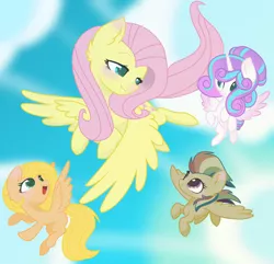 Size: 1024x988 | Tagged: safe, artist:leanne264, derpibooru import, fluttershy, princess flurry heart, oc, oc:star dash, oc:sweet apple, pegasus, pony, base used, female, filly, flying, offspring, older, parent:big macintosh, parent:fluttershy, parent:quibble pants, parent:rainbow dash, parents:fluttermac, parents:quibbledash