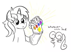 Size: 620x452 | Tagged: safe, artist:jargon scott, derpibooru import, bon bon, lyra heartstrings, sweetie drops, earth pony, pony, unicorn, avengers: infinity war, bust, dialogue, female, implied vulgar, infinity gauntlet, infinity stones, l.u.l.s., mare, monochrome, neo noir, partial color, simple background, this will end in death, u lil shid, white background, xk-class end-of-the-world scenario