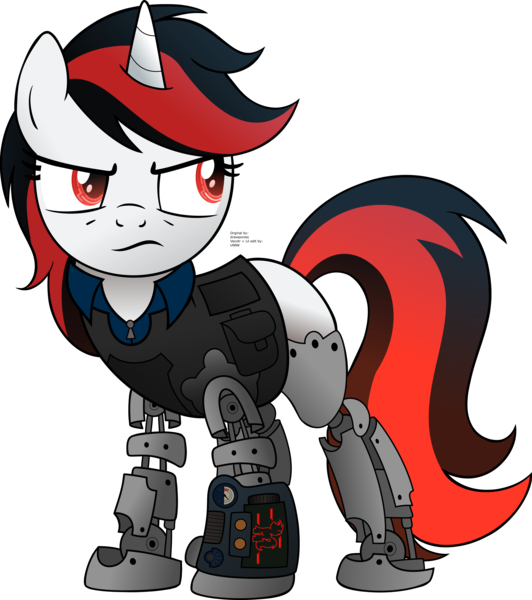 Size: 8145x9189 | Tagged: safe, artist:drawponies, artist:unnk, derpibooru import, oc, oc:blackjack, unofficial characters only, cyborg, pony, unicorn, fallout equestria, fallout equestria: project horizons, fanfic, absurd resolution, augmented, clothes, cyber legs, fanfic art, female, hooves, horn, level 1 (project horizons), mare, security armor, simple background, solo, transparent background, vault security armor, vault suit, vector