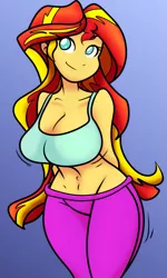 Size: 767x1280 | Tagged: suggestive, artist:reiduran, color edit, colorist:ironhades, derpibooru import, edit, sunset shimmer, equestria girls, big breasts, breasts, busty sunset shimmer, clothes, colored, curvy, female, gradient background, hourglass figure, simple background, solo, solo female, wide hips