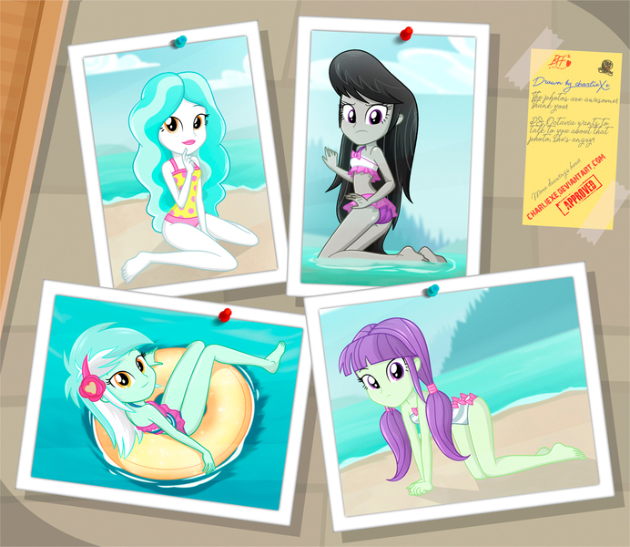 Size: 1177x1021 | Tagged: safe, artist:charliexe, derpibooru import, lyra heartstrings, octavia melody, paisley, starlight, equestria girls, equestria girls series, barefoot, clothes, feet, pinboard, sexy, show accurate, skirt, swimsuit, upskirt