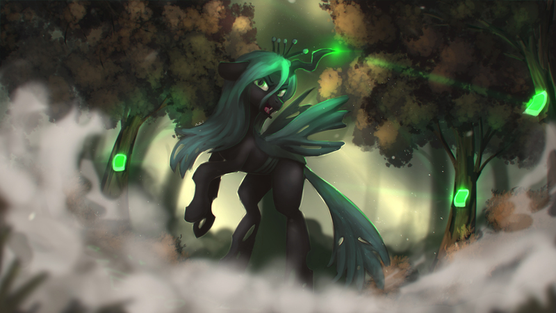 Size: 4000x2250 | Tagged: artist:blackligerth, changeling, changeling queen, derpibooru import, everfree forest, female, forest, former queen chrysalis, magic, queen chrysalis, safe, solo, the mean 6, tree