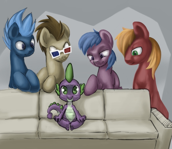 Size: 1249x1080 | Tagged: :3, 3d glasses, and then spike was gay, artist:sharpy, big macintosh, couch, derpibooru import, doctorspike, doctor whooves, imminent sex, implied gay, male, meme, piper perri surrounded, safe, shipping, spike, spike gets all the stallions, spikentosh, time turner