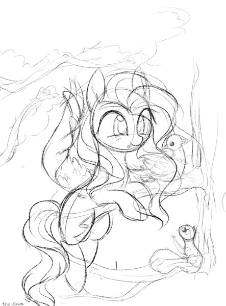 Size: 1110x1505 | Tagged: safe, artist:aureai-sketches, derpibooru import, fluttershy, bird, pegasus, pony, squirrel, worm, female, floating, forest, happy, mare, monochrome, mouth hold, sketch, smiling, tree, tree branch, wip