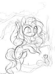 Size: 1110x1505 | Tagged: safe, artist:aureai-sketches, derpibooru import, fluttershy, bird, pegasus, pony, squirrel, worm, female, floating, forest, happy, mare, monochrome, mouth hold, sketch, smiling, tree, tree branch, wip