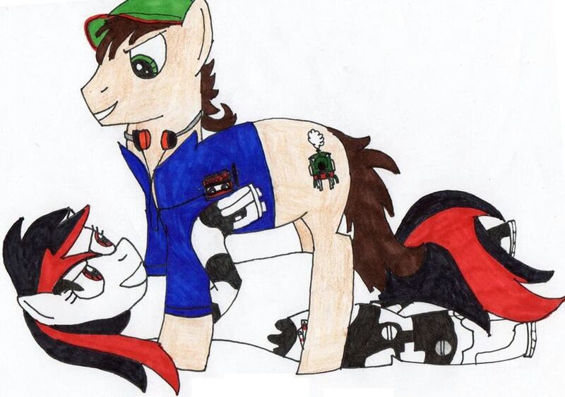 Size: 960x675 | Tagged: amputee, artist:myles, clothes, derpibooru import, fallout equestria, fallout equestria: project horizons, fanfic art, hat, oc, oc:barclay, oc:blackjack, oc x oc, pencil drawing, prosthetic leg, prosthetic limb, prosthetics, shipping, smiling, suggestive, tackle, tackle hug, traditional art, vest