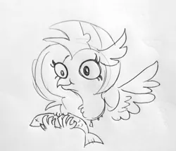 Size: 1593x1373 | Tagged: safe, artist:tjpones, derpibooru import, silverstream, fish, hippogriff, bust, chest fluff, dead, eating, female, grayscale, ink drawing, lineart, monochrome, simple background, solo, spread wings, traditional art, white background, wings, x eyes