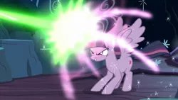 Size: 1280x720 | Tagged: safe, derpibooru import, screencap, mean twilight sparkle, alicorn, pony, the mean 6, clone, evil grin, female, force field, grin, magic, mare, scary face, smiling, smirk, solo, spread wings, wings