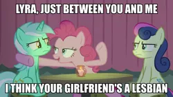 Size: 1080x608 | Tagged: safe, derpibooru import, edit, edited screencap, screencap, bon bon, lyra heartstrings, pinkie pie, sweetie drops, earth pony, pony, unicorn, the maud couple, bon bon is not amused, captain obvious, female, image macro, lesbian, lyra is not amused, lyrabon, meme, no shit sherlock, shipping, third wheel, unamused