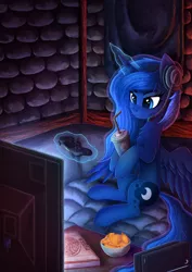 Size: 3508x4961 | Tagged: safe, artist:atlas-66, derpibooru import, princess luna, alicorn, pony, gamer luna, chips, controller, female, food, headset, magic, mare, pizza box, playstation 4, solo, telekinesis, television