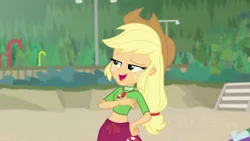 Size: 1280x720 | Tagged: safe, derpibooru import, screencap, applejack, equestria girls, equestria girls series, turf war, clothes, geode of super strength, magical geodes, solo, swimsuit