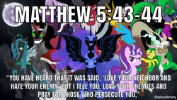 Size: 1200x675 | Tagged: safe, derpibooru import, edit, discord, gilda, king sombra, lord tirek, mane-iac, nightmare moon, nightmare rarity, queen chrysalis, starlight glimmer, alicorn, changeling, changeling queen, draconequus, pony, unicorn, 1000 years in photoshop, antagonist, bad edit, bible verse, black background, christianity, colored sclera, ethereal mane, female, full moon, male, mare, mare in the moon, moon, religion, simple background, spread wings, stallion, starry mane, text, wings