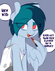 Size: 597x768 | Tagged: suggestive, artist:shinodage, derpibooru import, oc, oc:delta vee, unofficial characters only, pegasus, pony, bedroom eyes, dialogue, female, hey kid ever get your dick suck by a, imminent blowjob, imminent sex, lipstick, looking at you, mare, no pupils, propositioning, solo, solo female, speech bubble, wing hands