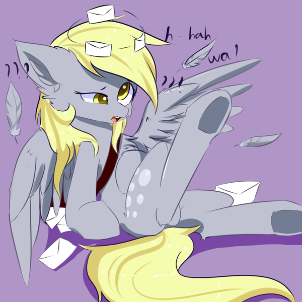 Size: 1700x1700 | Tagged: safe, artist:heddopen, derpibooru import, derpy hooves, pegasus, pony, chest fluff, confused, derp, dialogue, dizzy, ear fluff, female, hooves up, letter, solo