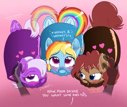 Size: 1207x1020 | Tagged: suggestive, artist:caroo, derpibooru import, rainbow dash, oc, oc:latch, oc:violet butter, pony, adorasexy, blushing, bondage, cute, descriptive noise, disembodied hand, ear piercing, ear scratch, female, femsub, floating heart, frog (hoof), gag, giggling, hand, heart, heart eyes, hoofbutt, latex, looking up, muffled laughter, muzzle gag, offscreen character, piercing, pillow, purring, rubbing, sexy, submissive, tail wag, underhoof, whining, wiggle, wingding eyes