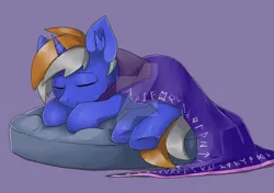Size: 1024x719 | Tagged: safe, artist:rosefluffdraws, derpibooru import, oc, unofficial characters only, pony, unicorn, blanket, male, simple background, sleeping, smiling, solo, stallion, watermark