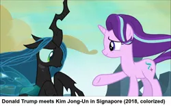 Size: 1280x792 | Tagged: changeling, changeling queen, derpibooru import, donald trump, edit, edited screencap, fake history, female, former queen chrysalis, kim jong-un, meme, politics, queen chrysalis, safe, screencap, starlight glimmer, to where and back again