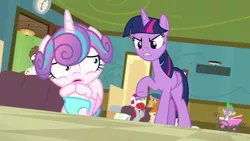 Size: 1280x720 | Tagged: a flurry of emotions, alicorn, angry, baby carriage, clock, cross-eyed, derpibooru import, diaper, princess flurry heart, safe, scared, scolding, screencap, spike, twilight sparkle, twilight sparkle (alicorn)