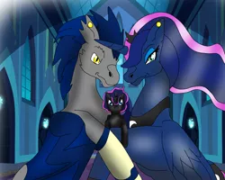 Size: 2273x1817 | Tagged: safe, artist:askthemoonfamily, derpibooru import, princess luna, oc, oc:dave, alicorn, bat pony, alicorn oc, bat pony oc, child, family, moonlight