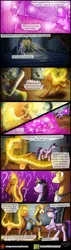 Size: 1000x3501 | Tagged: safe, artist:bonaxor, derpibooru import, twilight sparkle, twilight sparkle (alicorn), oc, oc:firespite, oc:sebastian, alicorn, changeling, fire pony, gryphon, pony, comic:journey to the lunar republic, comic, fire, magic