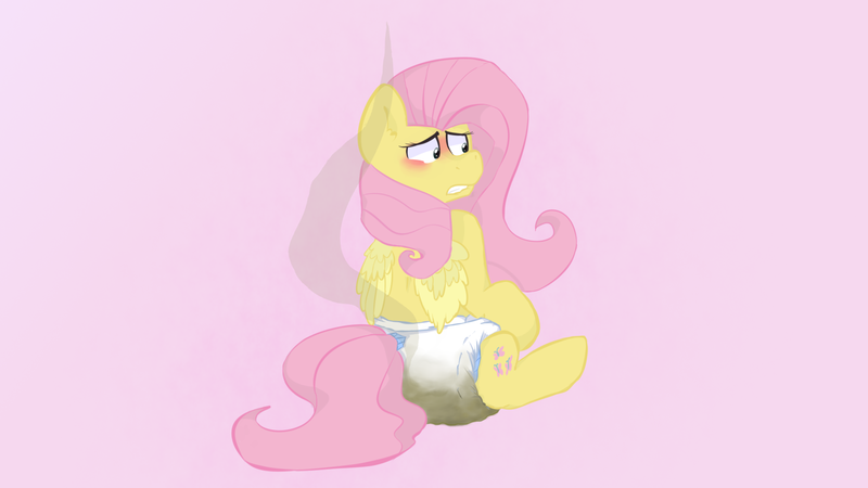 Size: 1920x1080 | Tagged: questionable, artist:poniesauce, derpibooru import, edit, editor:hodgepodgedl, fluttershy, pegasus, pony, blushing, diaper, diaper fetish, female, fetish, gritted teeth, mare, messy diaper, poop, poopy diaper, scat, sitting, solo, solo female