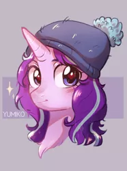 Size: 998x1338 | Tagged: safe, artist:worldlofldreams, derpibooru import, starlight glimmer, pony, unicorn, the mean 6, abstract background, beanie, bust, cute, female, glimmerbetes, hat, heart eyes, looking at you, mare, messy mane, portrait, smiling, solo, wingding eyes