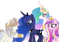 Size: 1024x720 | Tagged: safe, artist:maddieinchina, derpibooru import, princess cadance, princess celestia, princess luna, oc, oc:dianthe, alicorn, pony, clothes, dress, female, mare, simple background, transparent background