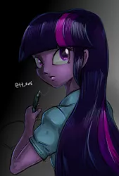 Size: 1377x2039 | Tagged: safe, artist:oberon826, derpibooru import, twilight sparkle, equestria girls, clothes, drool, female, looking at you, looking back, looking back at you, pen, solo