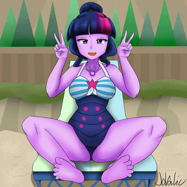 Size: 2000x2000 | Tagged: suggestive, artist:jovalic, derpibooru import, sci-twi, twilight sparkle, equestria girls, equestria girls series, forgotten friendship, barefoot, bedroom eyes, breasts, busty sci-twi, busty twilight sparkle, clothes, double peace sign, feet, female, looking at you, missing accessory, no glasses, peace sign, smiling, solo, solo female, swimsuit