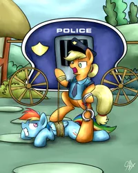 Size: 1024x1280 | Tagged: safe, artist:sugar morning, derpibooru import, applejack, rainbow dash, pegasus, pony, tanks for the memories, abuse, angry, arrested, bad end, bipedal, bound wings, cart, cuffs, dashabuse, female, hand cuffs, mare, never doubt rainbowdash69's involvement, police, police officer, police uniform, prisoner rd, rope, shackles, tied