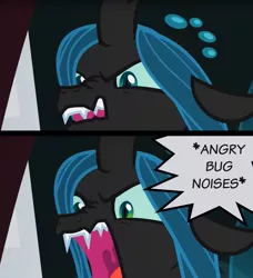 Size: 1282x1407 | Tagged: angry, angry dog noises, angry horse noises, changeling, changeling queen, comic, derpibooru import, descriptive noise, edit, edited screencap, female, meme, open mouth, photo, queen chrysalis, safe, screencap, scrunchy face, solo, the mean 6