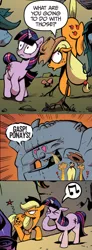 Size: 828x2256 | Tagged: safe, artist:andypriceart, derpibooru import, idw, official, applejack, cave troll jim, twilight sparkle, cave troll, earth pony, pony, unicorn, the return of queen chrysalis, spoiler:comic, spoiler:comic02, advertisement, comic, falling, female, heart eyes, idw advertisement, image, jpeg, literal butthurt, male, mare, official comic, pain, pain star, tail, tail pull, this is going to hurt, tongue out, unicorn twilight, wingding eyes