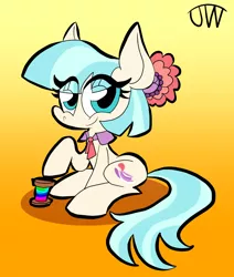 Size: 804x947 | Tagged: safe, artist:joeywaggoner, derpibooru import, coco pommel, earth pony, pony, eye clipping through hair, female, gradient background, mare, one hoof raised, signature, sitting, smiling, solo, thread