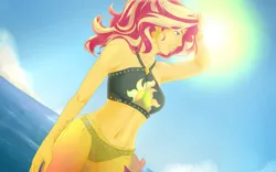 Size: 3840x2400 | Tagged: safe, artist:lilapudelpony, derpibooru import, sunset shimmer, equestria girls, equestria girls series, forgotten friendship, beach, belly button, bikini, clothes, female, sarong, solo, sun, swimsuit, water